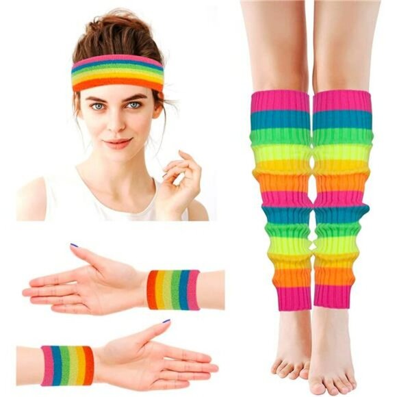 Neon 80s Workout Set Leg Warmers Headband Wristbands Dance Costume Outfit - Picture 4 of 7